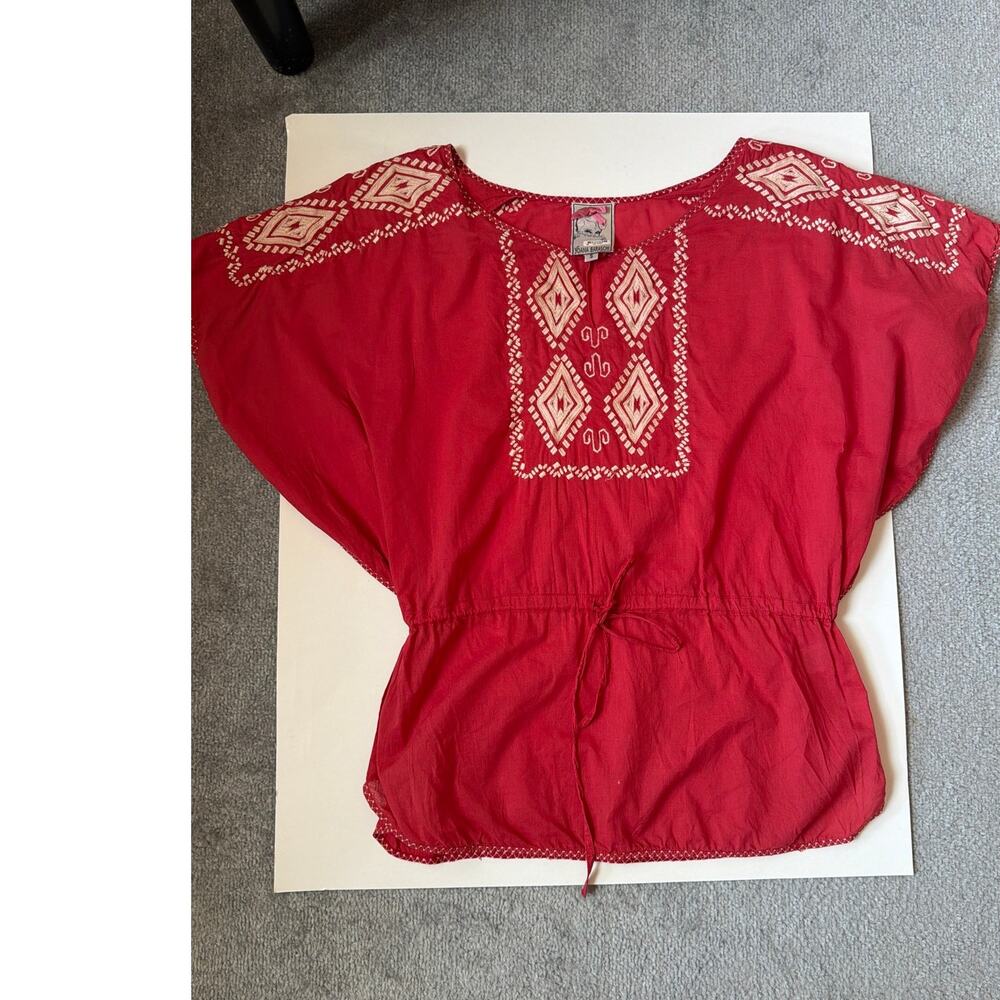 Yoana Baraschi Embroidered Boho Peasant Top Red & Cream Size S